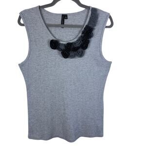 Susan Lawrence 100% Cotton Gray Ribbed Tank Black Gray Floral Detail Size XL